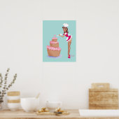 Pinup Chef Girl Icing a Cake blue Poster (Keuken)