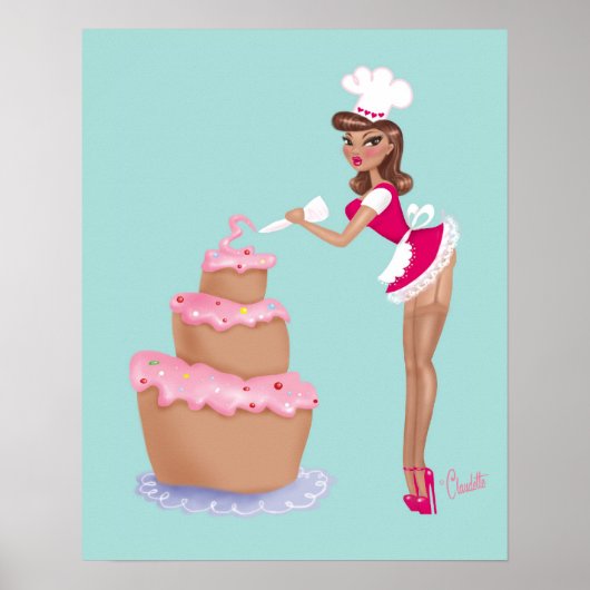 Pinup Chef Girl Icing a Cake blue Poster (Voorkant)