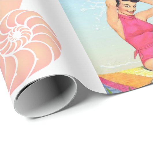 Pinup Girl en Zee Shell Beach Pattern Cadeaupapier (Rol Hoek)