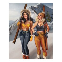 Pinup Girls Skiing Foto Afdruk