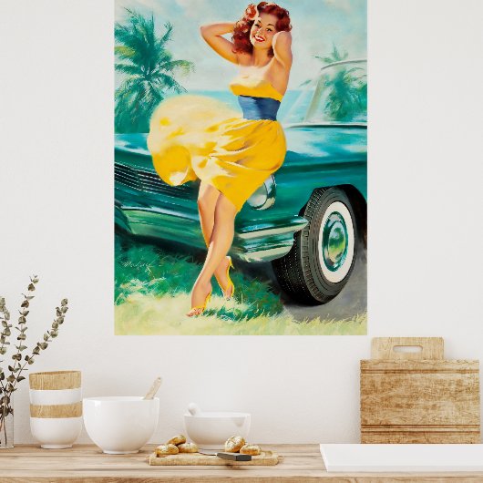 Pinup in gele jurk poster (Keuken)