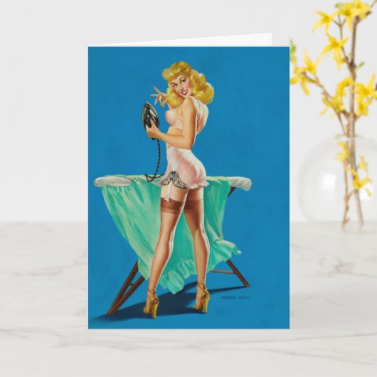  Pinup Ironing, Birthday Kaart (Gele Bloem)