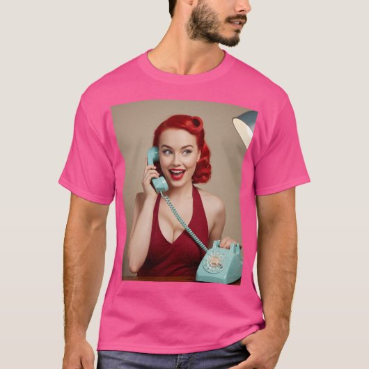 Pinup meisje op de telefoon T-shirt (Voorkant)