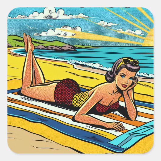 Pinup Meisje op het Strand Vierkante Sticker (Voorkant)