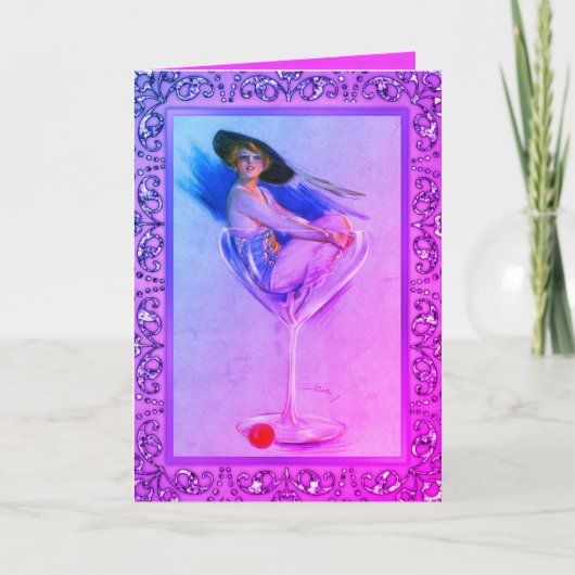  pinup meisje vies martini schattig roze paarse kaart (Voorkant)