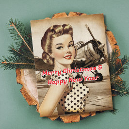  Pinup meisje, WO2 vliegtuig, Elegant kerstfeest Feestdagenkaart