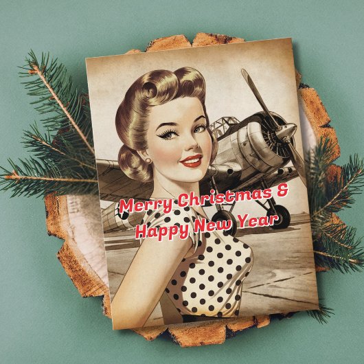  Pinup meisje, WO2 vliegtuig, Elegant kerstfeest Feestdagenkaart