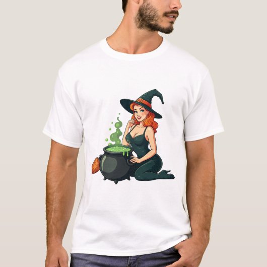Pinup Witch Halloween Cauldron Art Retro Design T-shirt (Voorkant)
