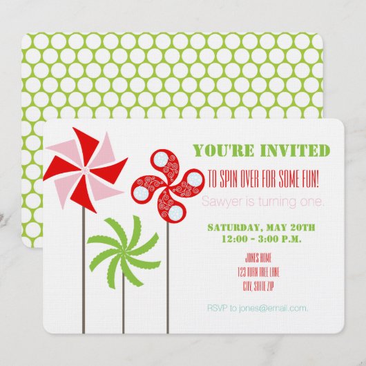 Pinwheel Bday Invite (Meisje) - Afdrukken of downl Kaart (Voorkant / Achterkant)