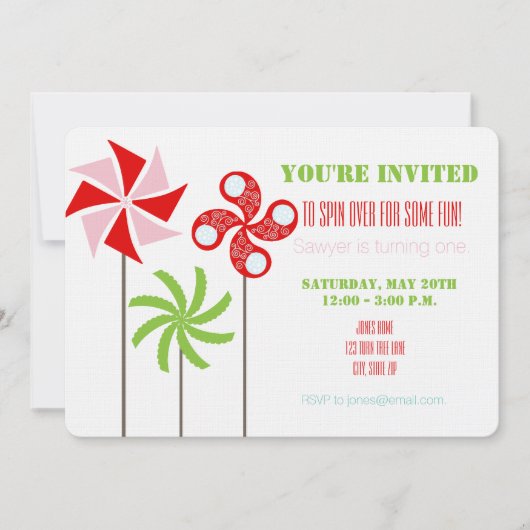 Pinwheel Bday Invite (Meisje) - Afdrukken of downl Kaart (Voorkant)