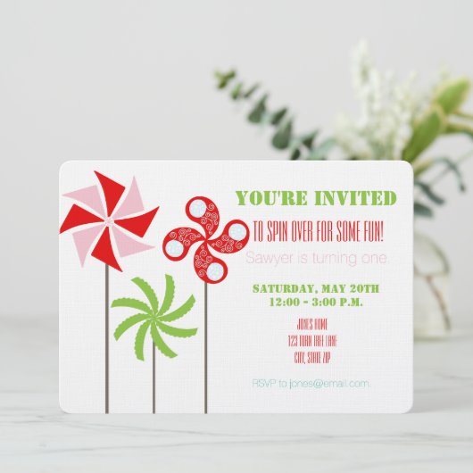 Pinwheel Bday Invite (Meisje) - Afdrukken of downl Kaart (Staand voorkant)