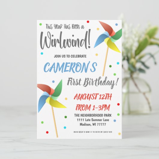 Pinwheel verjaardagsfeestuitnodiging kaart (Staand voorkant)