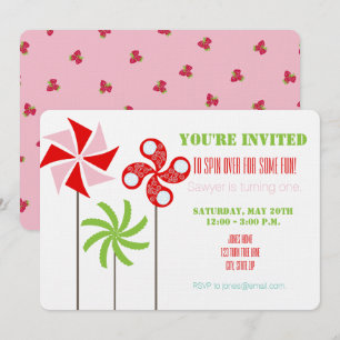 Pinwheels Birthday Invite {Girl Pink Strawberry} Kaart