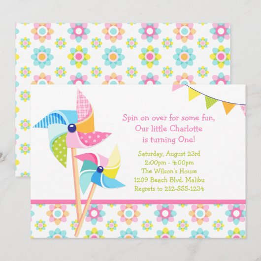 Pinwheels Birthday Party Kaart (Voorkant / Achterkant)