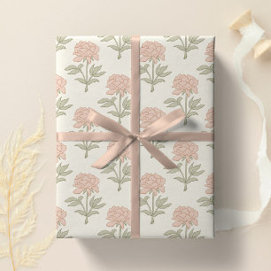 Pioen Bloem Blad Print Vintage Cottage Zacht Roze Cadeaupapier