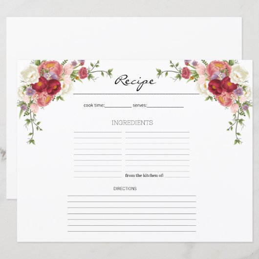 Pioen Bloem Bloem Keuken Recept Blad (Voorkant / Achterkant)