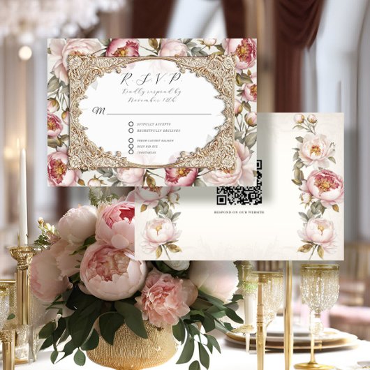 Pioen Bloem Elegant Goud Roze en Ivoor Bruiloft RSVP Kaartje