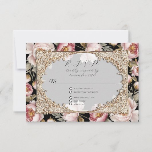 Pioen Bloem Elegant Goud Roze en Zwart Bruiloft RSVP Kaartje (Voorkant)
