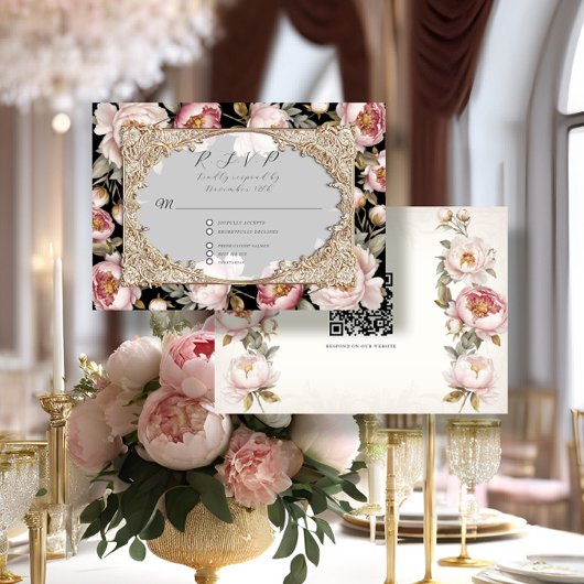 Pioen Bloem Elegant Goud Roze en Zwart Bruiloft RSVP Kaartje