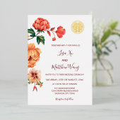 Pioen Bloem Goud Chinees Huwelijk Folie Uitnodiging (Staand Voorkant)