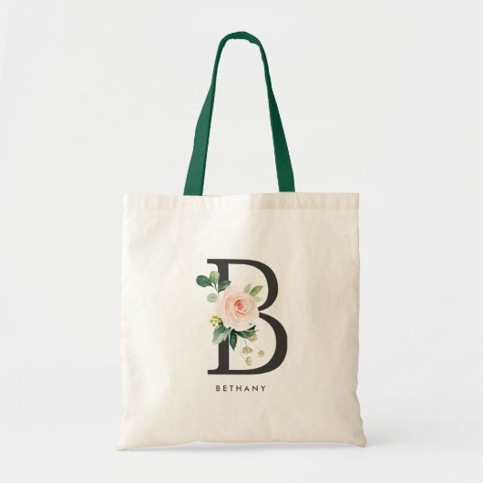 Pioen Bloem Letter B Zwarte Monogram Bruidsmeisje Tote Bag (Voorkant)