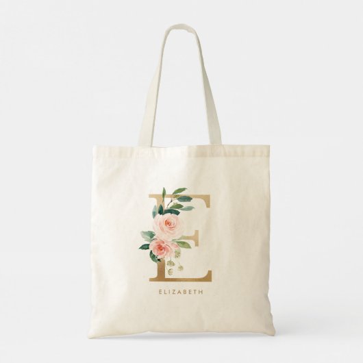 Pioen Bloem Letter E Gouden Monogram Bruidsmeisje Tote Bag (Achterkant)