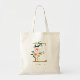 Pioen Bloem Letter E Gouden Monogram Bruidsmeisje Tote Bag