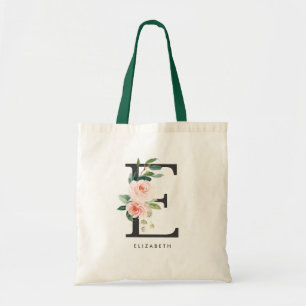 Pioen Bloem Letter E Zwarte Monogram Bruidsmeisje Tote Bag