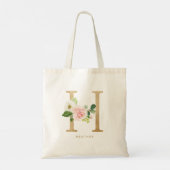 Pioen Bloem Letter H Gouden Monogram Bruidsmeisje Tote Bag (Achterkant)