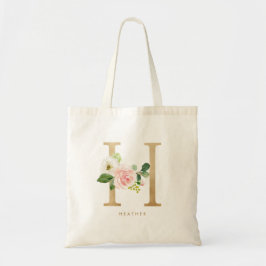 Pioen Bloem Letter H Gouden Monogram Bruidsmeisje Tote Bag