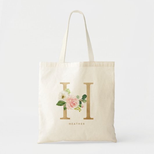 Pioen Bloem Letter H Gouden Monogram Bruidsmeisje Tote Bag (Voorkant)