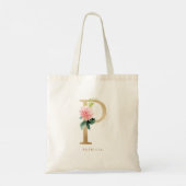 Pioen Bloem Letter P Gouden Monogram Bruidsmeisje Tote Bag (Achterkant)