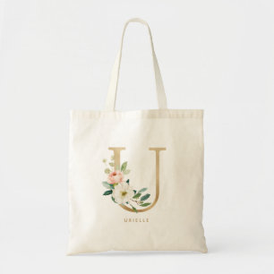 Pioen Bloem Letter U Gouden Monogram Bruidsmeisje Tote Bag