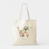 Pioen Bloem Letter W Gouden Monogram Bruidsmeisje Tote Bag (Achterkant)