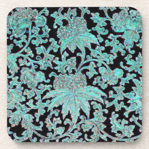 Pioen bloem turquoise zwart vintage patroon bier onderzetter