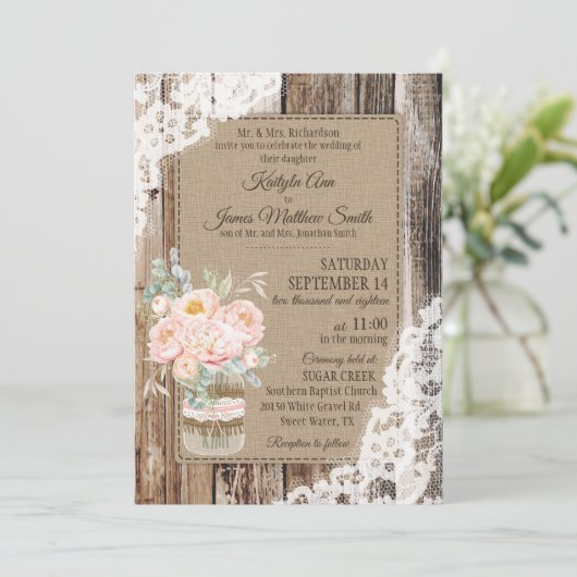 Pioen bloemboeket hout kant rustieke bruiloft kaart (Staand voorkant)