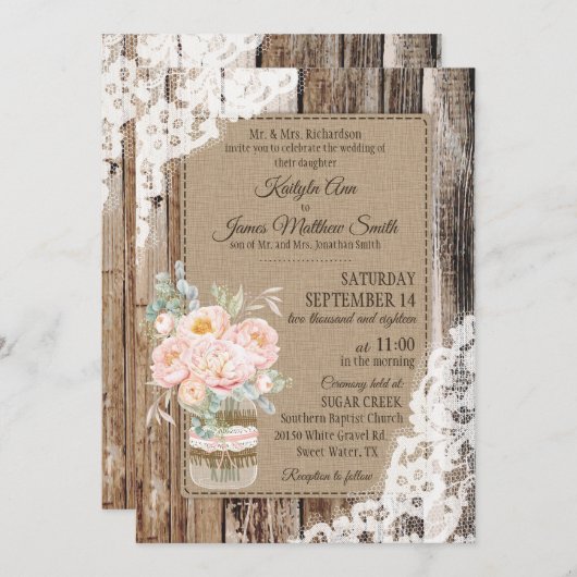 Pioen bloemboeket hout kant rustieke bruiloft kaart (Voorkant / Achterkant)