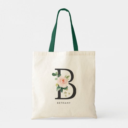 Pioen Bloembrief B Zwart Monogram Bruidsmeisje Tote Bag (Achterkant)