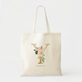 Pioen Bloembrief Y Goud Monogram Bruidsmeisje Tote Bag (Voorkant)