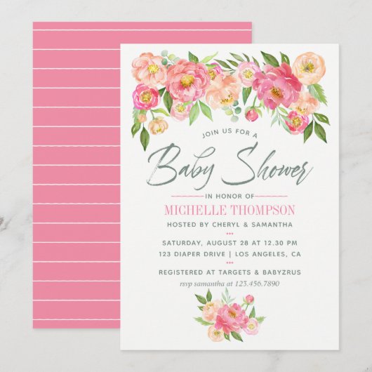 Pioen bloemen Baby Shower uitnodiging (Voorkant / Achterkant)