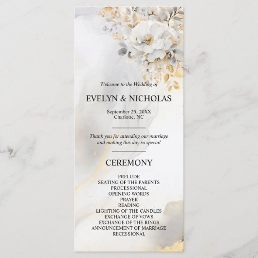 Pioen Bloemen Goud Grijs Zilver Ceremonie Programmakaart (Voorkant)