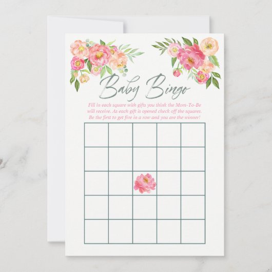 Pioen bloemen Lente Baby Shower Baby Bingo Kaart (Voorkant)