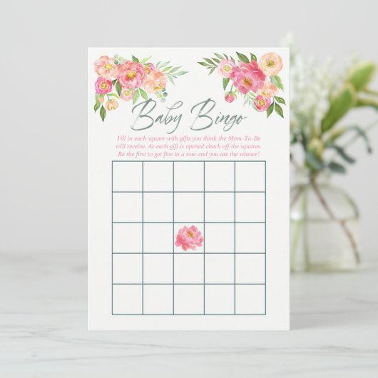 Pioen bloemen Lente Baby Shower Baby Bingo Kaart (Staand voorkant)