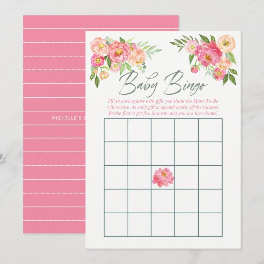 Pioen bloemen Lente Baby Shower Baby Bingo Kaart (Voorkant / Achterkant)