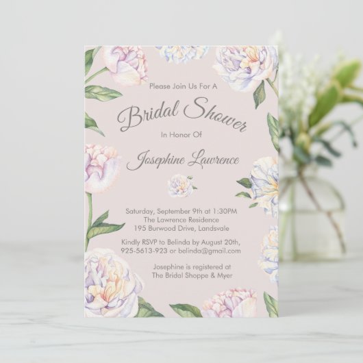 Pioen Bloemen Mauve Bridal Douche Uitnodigingen (Staand voorkant)