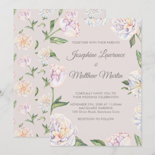 Pioen Bloemen Mauve Bruiloft Uitnodigingen (Voorkant / Achterkant)