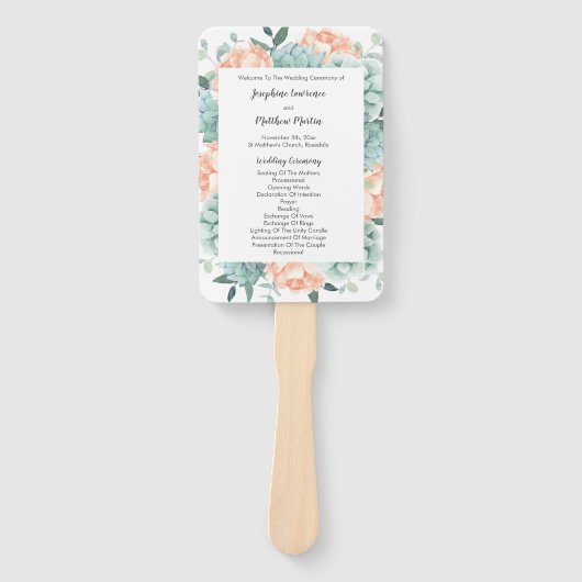 Pioen Bloemen Succulenten Bruiloft Programma Handwaaier (Voorkant)