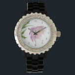 *~* Pioen Bloemen Waterverf Roze Lavendel Populair Horloge<br><div class="desc">* Een mooie Lavendel en roze op een gloeiende witte achtergrond. Dit ontwerp is een zeer waterverf pioenenbloem die het gezicht van dit dameshorloge siert. * De band is zwart en gemaakt van hard stevig email. Er zijn sprankelende steentjes rond het gezicht van het horloge geven dit horloge een blik...</div>