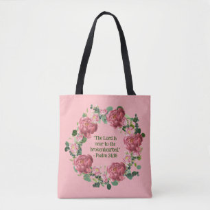 Pioen Bloemenkrans die religieuze citaat aanmoedig Tote Bag