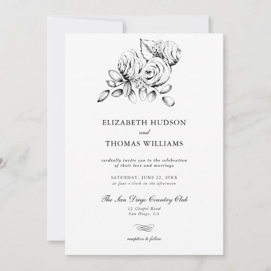 Pioen Bloemenkunst Schets Moderne Klassieke Bruilo Kaart (Voorkant)